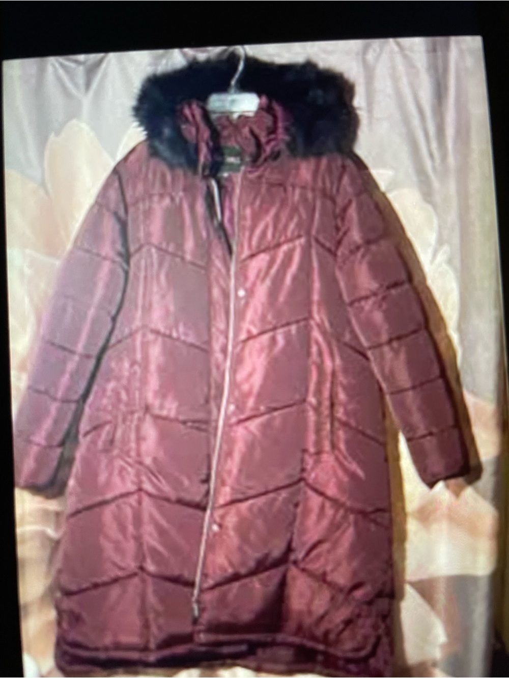 Big Chill Long Quilted Puffer Coat with Faux Fur Hood - Burgundy NWOTS
